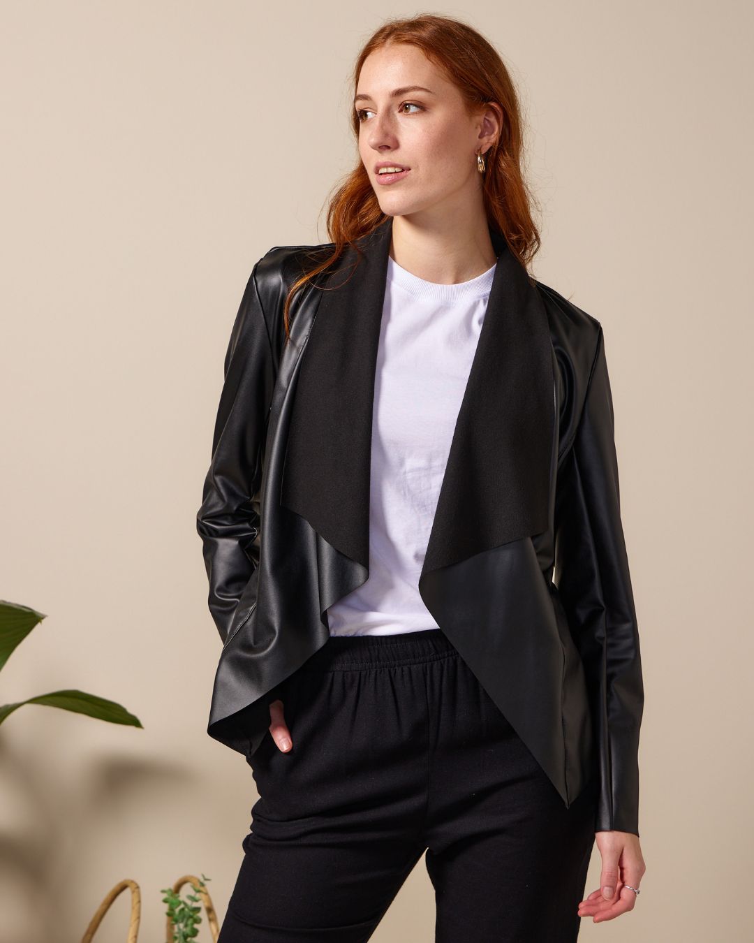 Dakota Black Pleather Fitted Waterfall Jacket