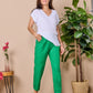 Emma - Green Rayon linen: Classic slim leg pants with mid to high rise elasticated waistband