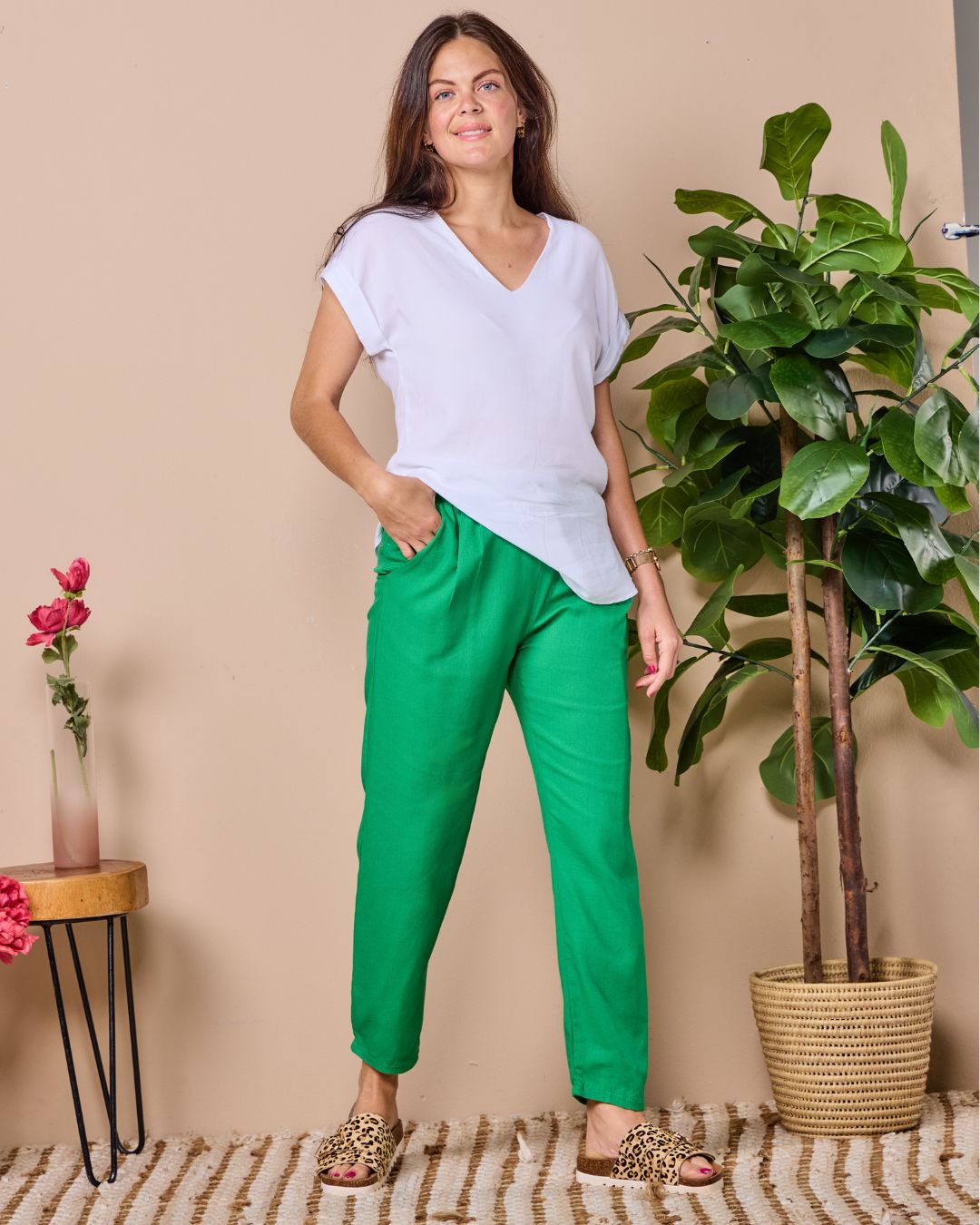 Emma - Green Rayon linen: Classic slim leg pants with mid to high rise elasticated waistband