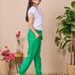 Emma - Green Rayon linen: Classic slim leg pants with mid to high rise elasticated waistband