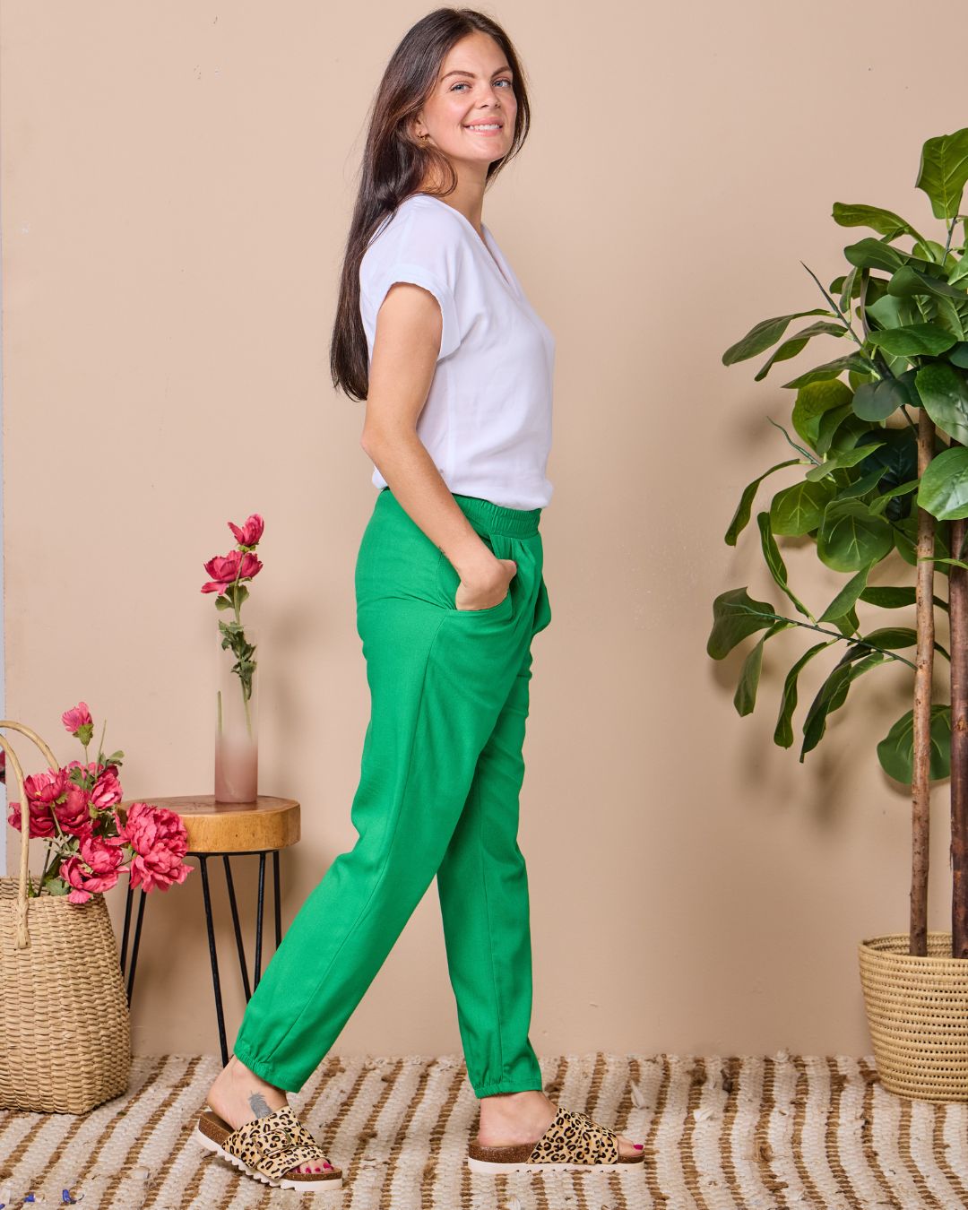 Emma - Green Rayon linen: Classic slim leg pants with mid to high rise elasticated waistband