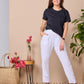 Emma - White Rayon linen: Classic slim leg pants with mid to high rise elasticated waistband