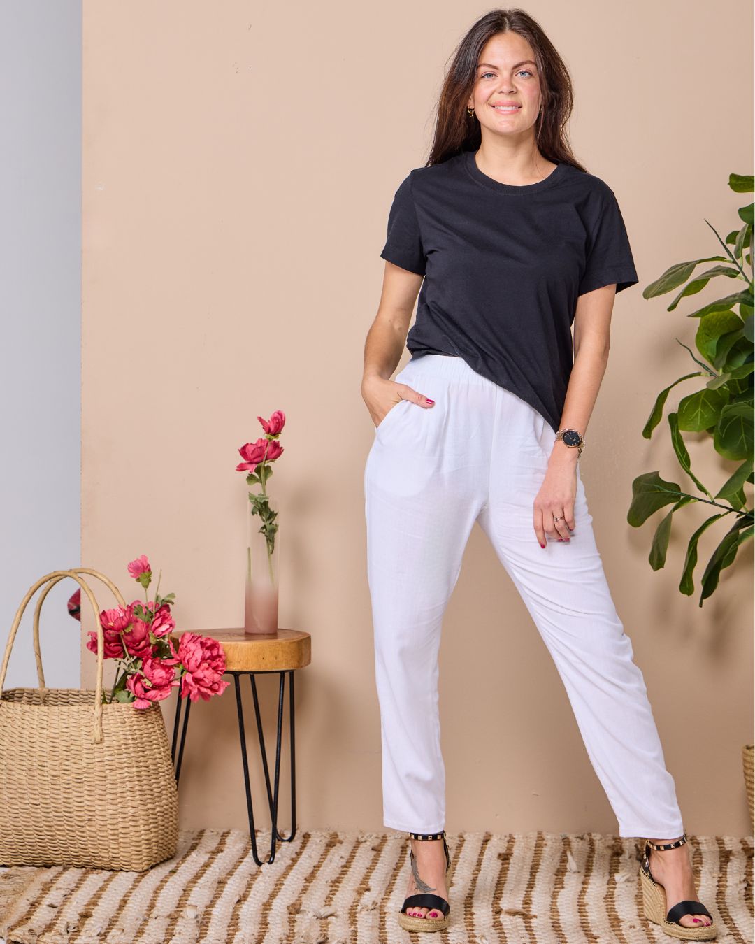 Emma - White Rayon linen: Classic slim leg pants with mid to high rise elasticated waistband