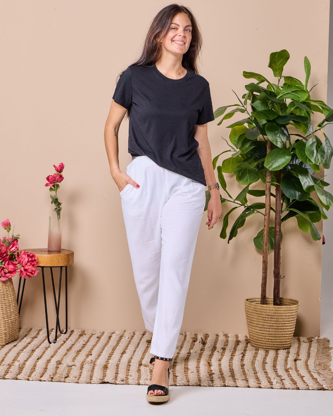 Emma - White Rayon linen: Classic slim leg pants with mid to high rise elasticated waistband