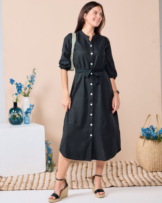 Corfu - Black linen: Classic Shirt dress with 3/4 elasticated sleeves