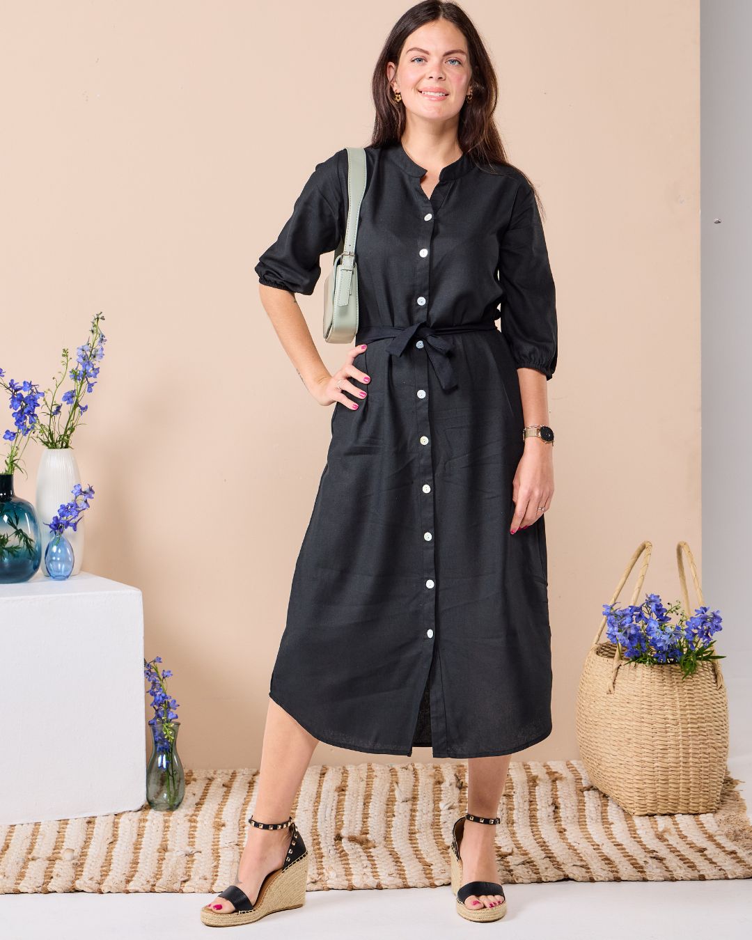 Corfu - Black linen: Classic Shirt dress with 3/4 elasticated sleeves