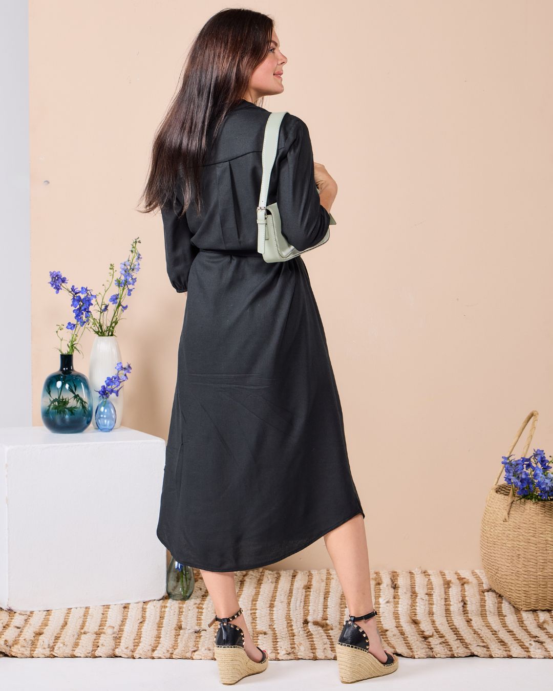 Corfu - Black linen: Classic Shirt dress with 3/4 elasticated sleeves