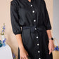 Corfu - Black linen: Classic Shirt dress with 3/4 elasticated sleeves