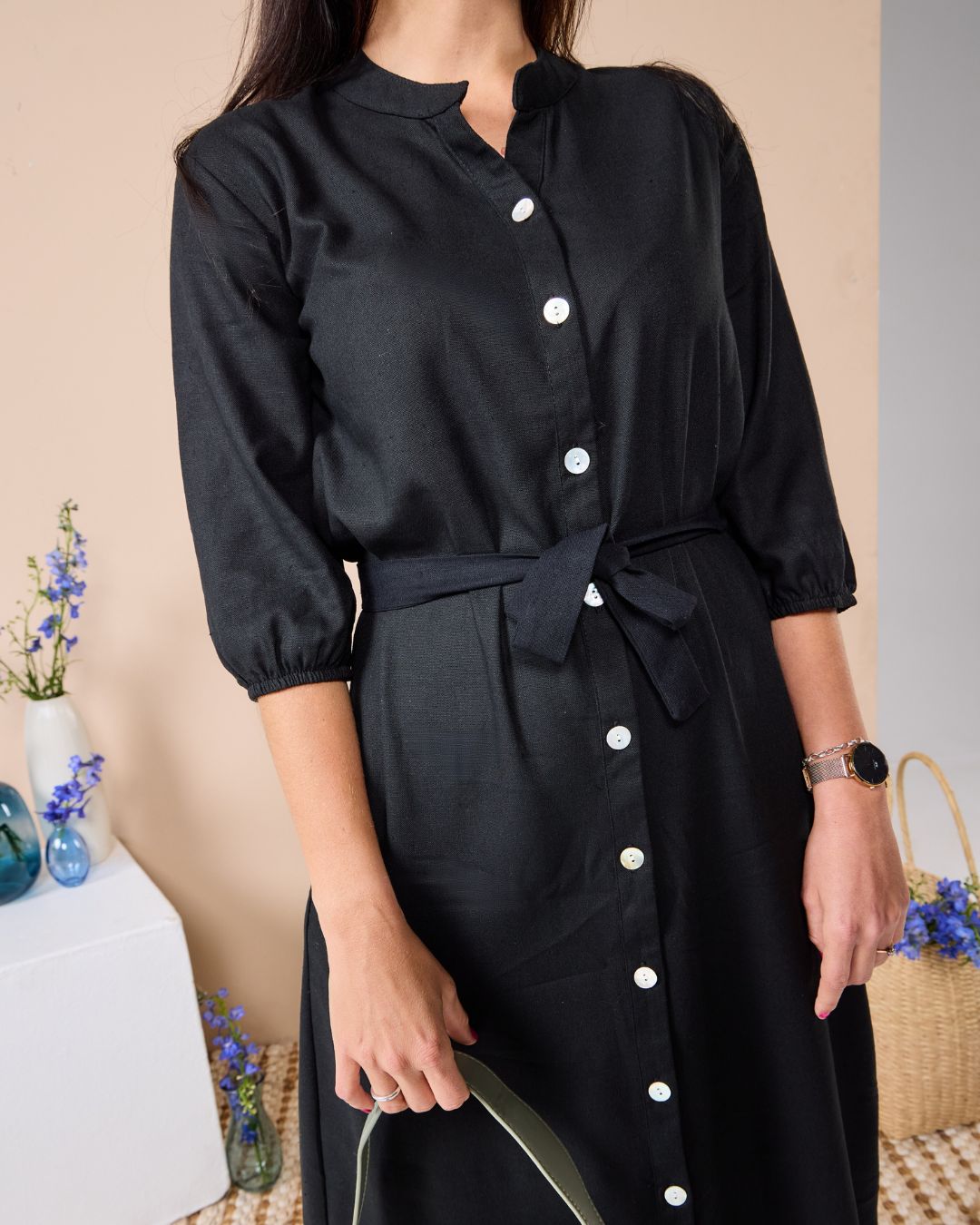 Corfu - Black linen: Classic Shirt dress with 3/4 elasticated sleeves