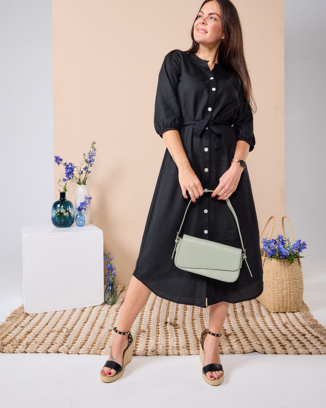 Corfu - Black linen: Classic Shirt dress with 3/4 elasticated sleeves