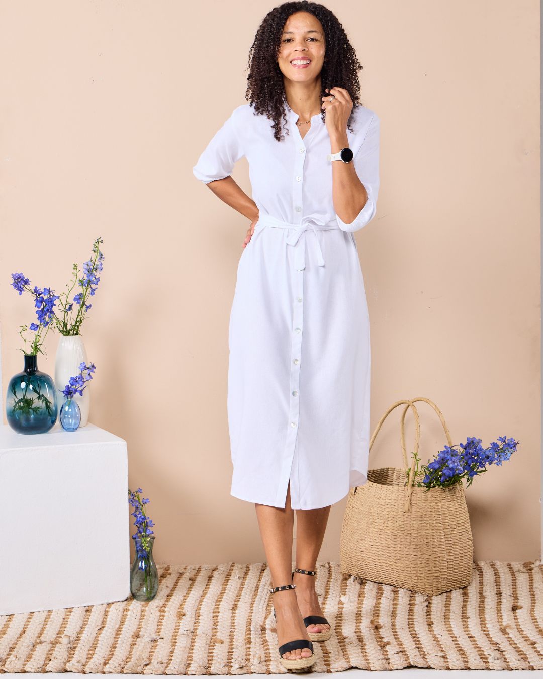 Corfu - White linen: Classic Shirt dress with 3/4 elasticated sleeves