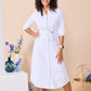 Corfu - White linen: Classic Shirt dress with 3/4 elasticated sleeves