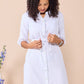 Corfu - White linen: Classic Shirt dress with 3/4 elasticated sleeves