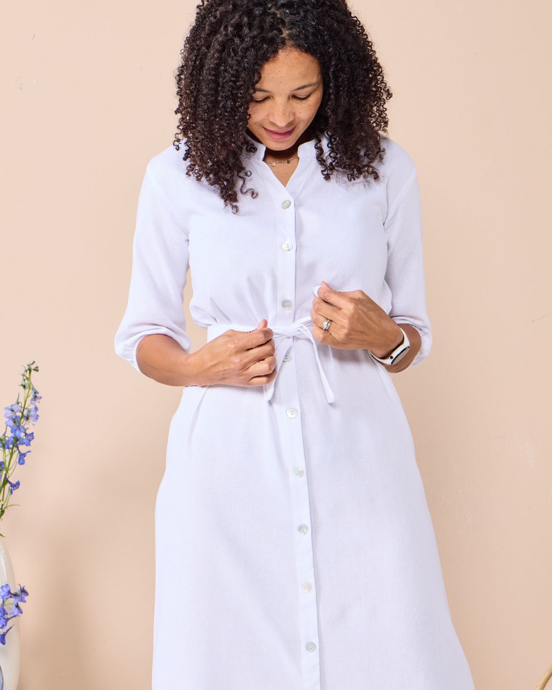 Corfu - White linen: Classic Shirt dress with 3/4 elasticated sleeves