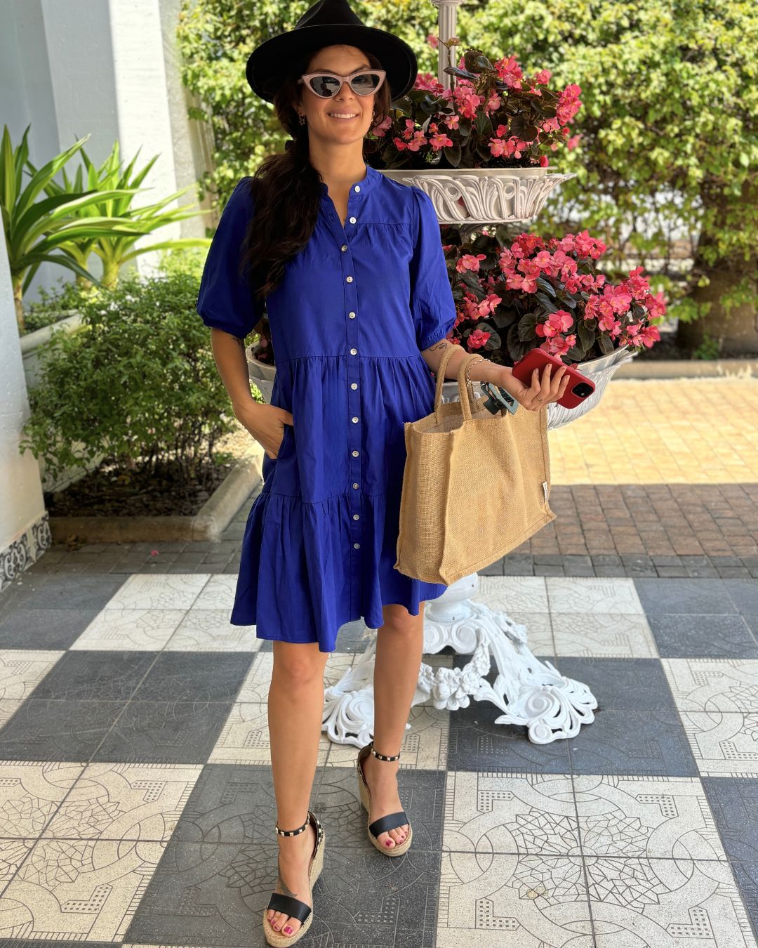 Julie - Royal Blue: Tiered Button-up Dress in Poplin