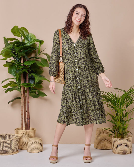 Isla - Fiesty Green leopard: 3/4 sleeve V-neck button up dress