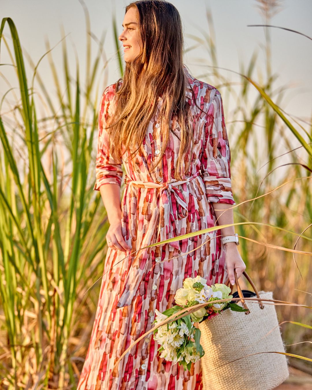 Sue - Forest Meander: Shirt dress with belt and cuffed 3/4 sleeves