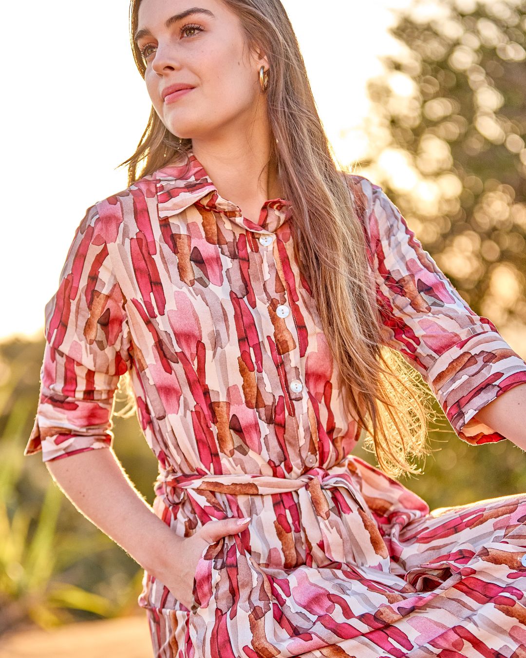 Sue - Forest Meander: Shirt dress with belt and cuffed 3/4 sleeves