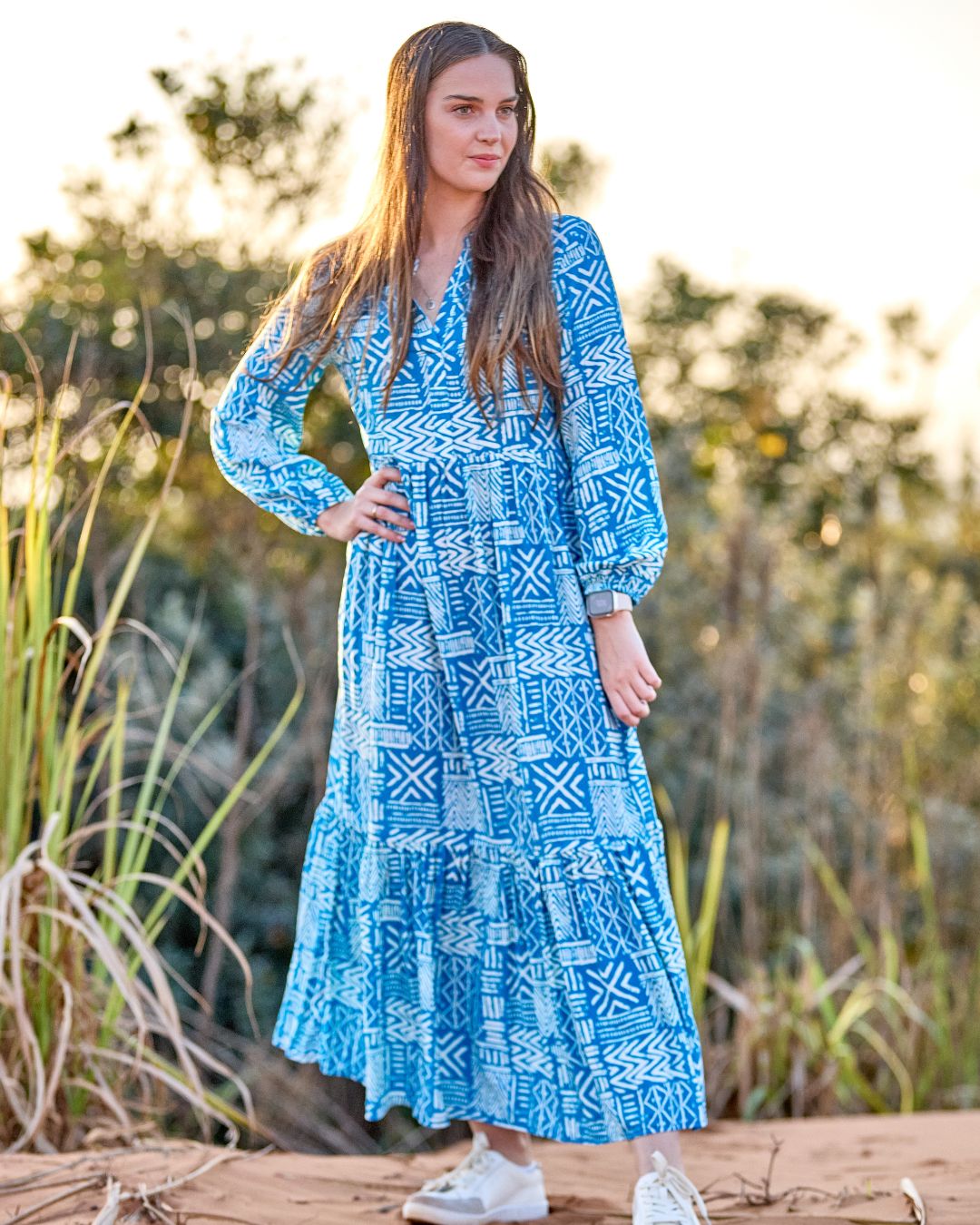 Winter Rose - Blue Ivy: V - neck Mandarin Collar Tiered dress with Elasticated Long Sleeves