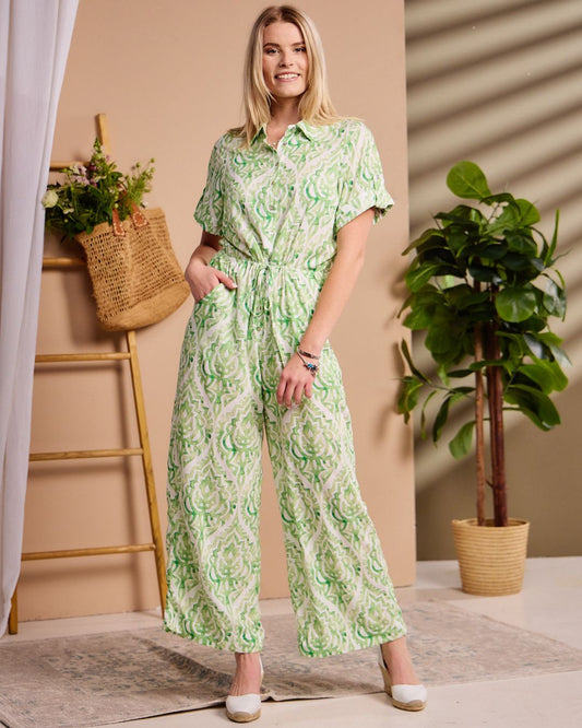 Luna - Green Vintage Damaske: Collared wide leg jumpsuit with Short sleeves