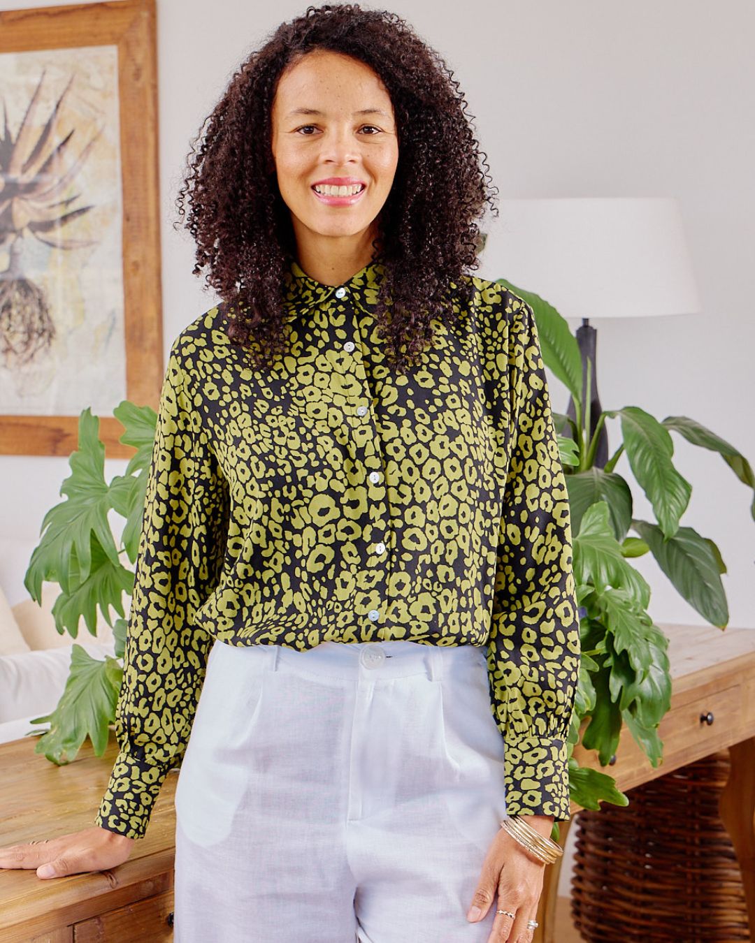 Ellie - Green Leopard: Classic Collared Shirt with a Cuff