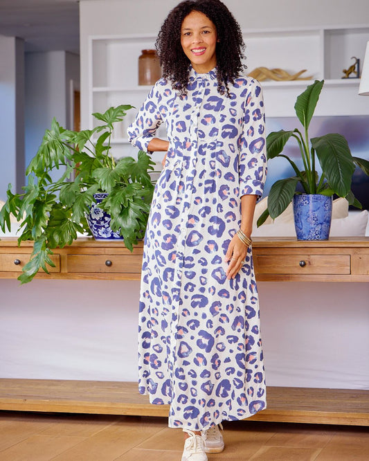 Brittany - Oversize Leopard: Classic Maxi Shirt dress with Empire waist and Roll-up cuff sleeves