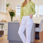 Emma - White Rayon linen: Classic slim leg pants with mid to high rise elasticated waistband