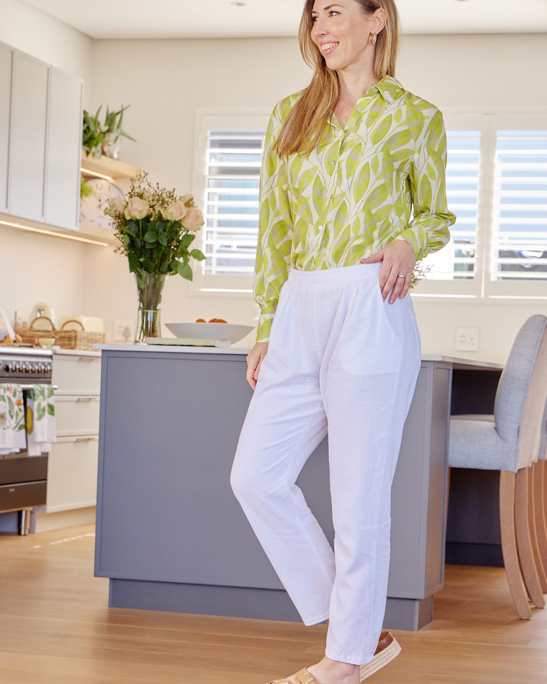 Emma - White Rayon linen: Classic slim leg pants with mid to high rise elasticated waistband