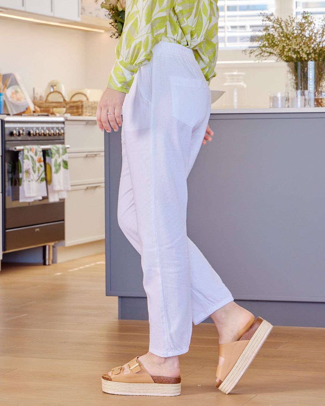 Emma - White Rayon linen: Classic slim leg pants with mid to high rise elasticated waistband