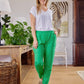 Emma - Green Rayon linen: Classic slim leg pants with mid to high rise elasticated waistband