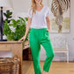 Emma - Green Rayon linen: Classic slim leg pants with mid to high rise elasticated waistband