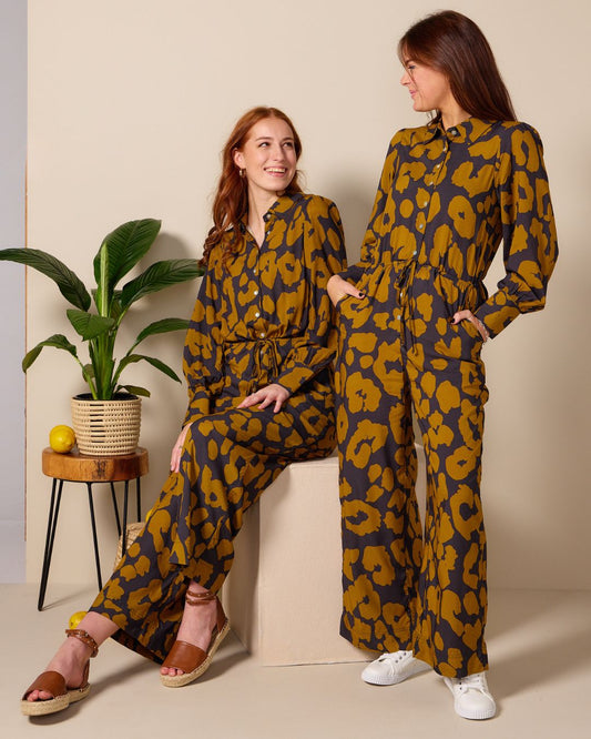 Luna - Gold Leopard: Collared wide leg Jumpsuit with Long sleeves