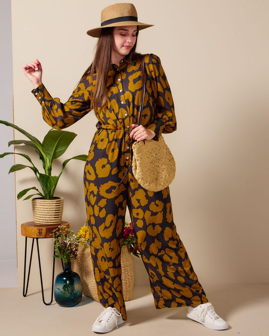 Luna - Gold Leopard: Collared wide leg Jumpsuit with Long sleeves