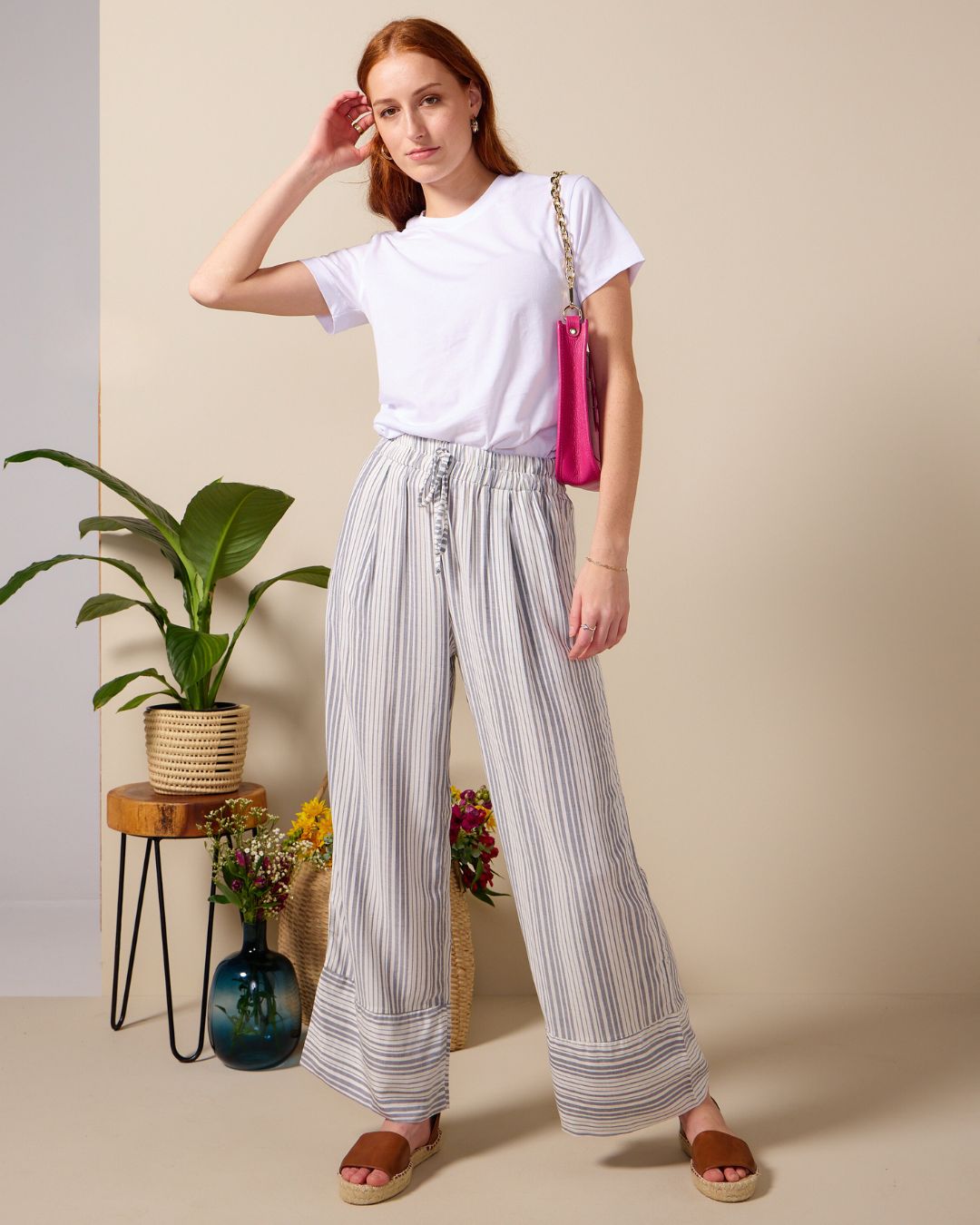 Caprice - Navy stripe: Wide leg linen pants with Elasticated waistband