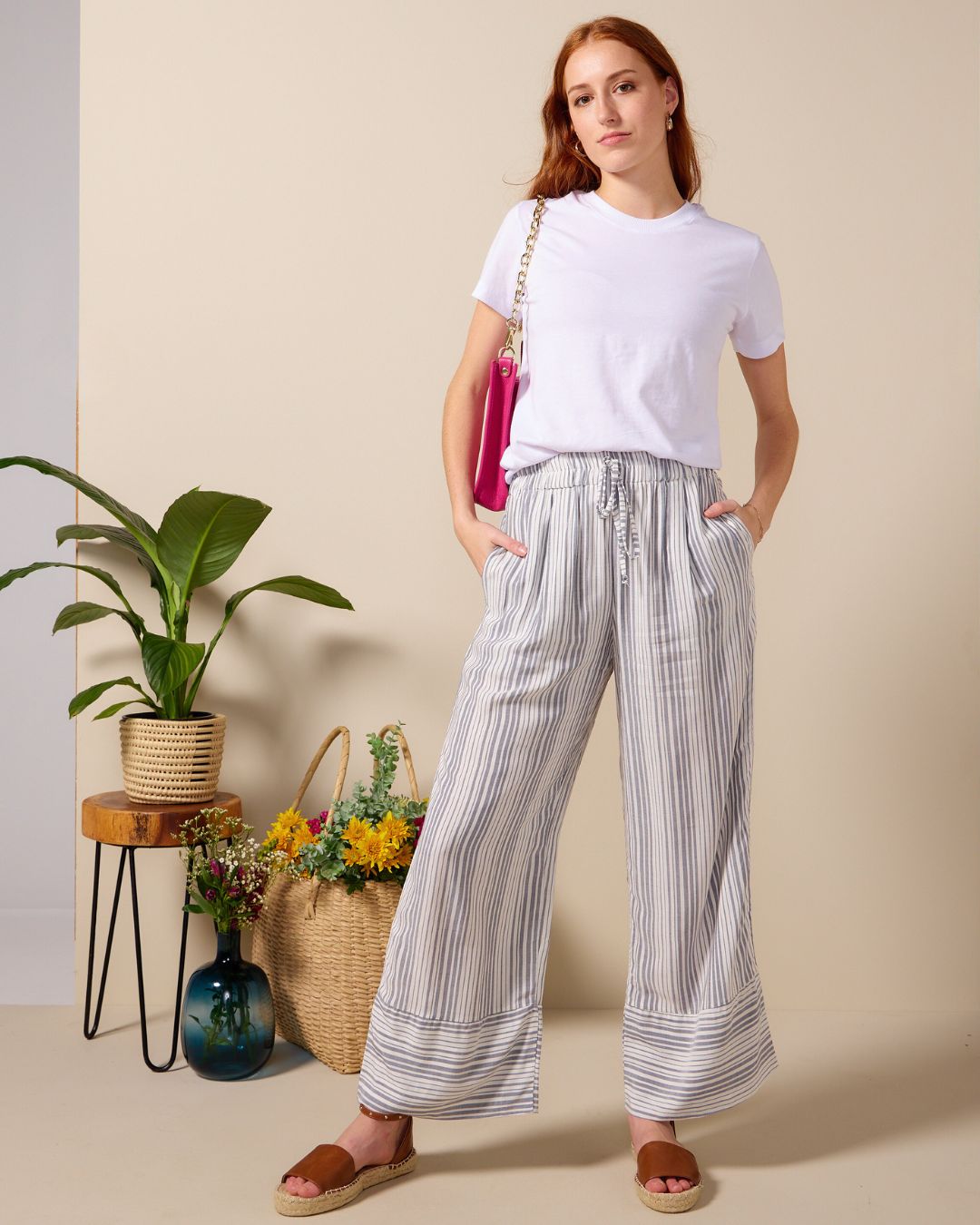 Caprice - Navy stripe: Wide leg linen pants with Elasticated waistband