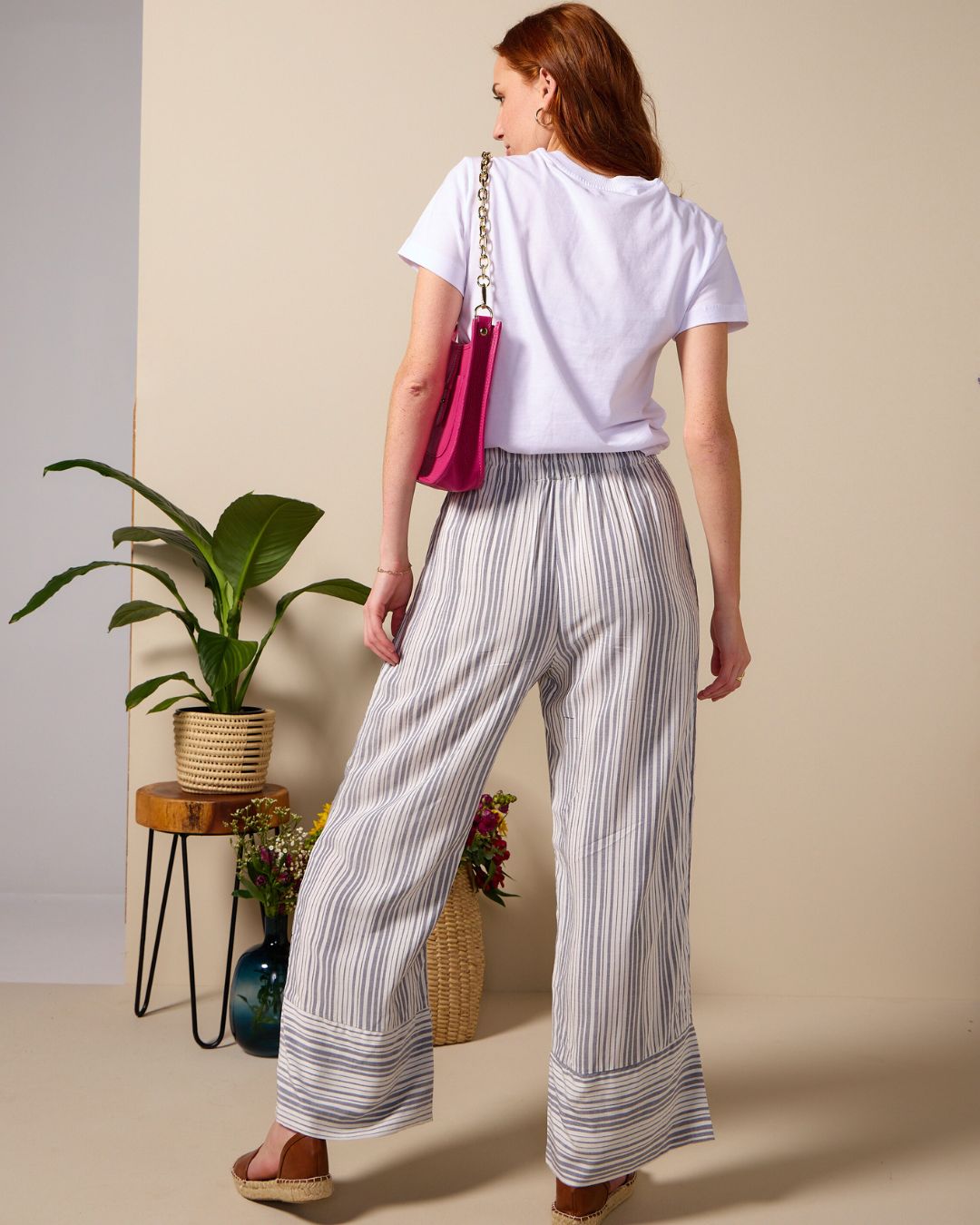 Caprice - Navy stripe: Wide leg linen pants with Elasticated waistband