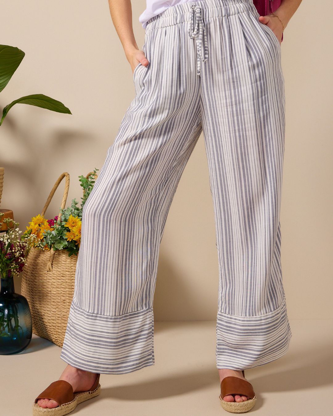 Caprice - Navy stripe: Wide leg linen pants with Elasticated waistband