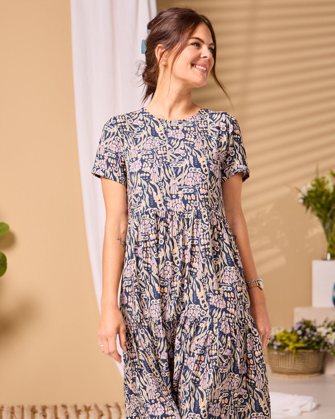 Hailey - Gouache Painting: Classic Short Sleeve Tiered Midi dress