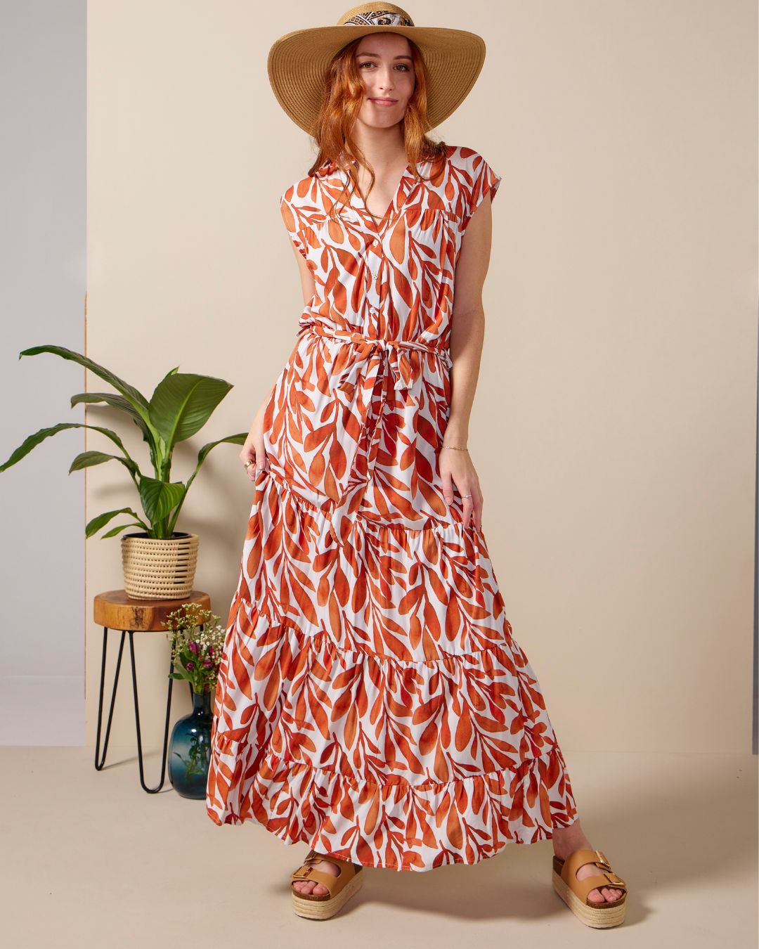 Coco - Foliage: Button-up classic tiered dress with detachable belt