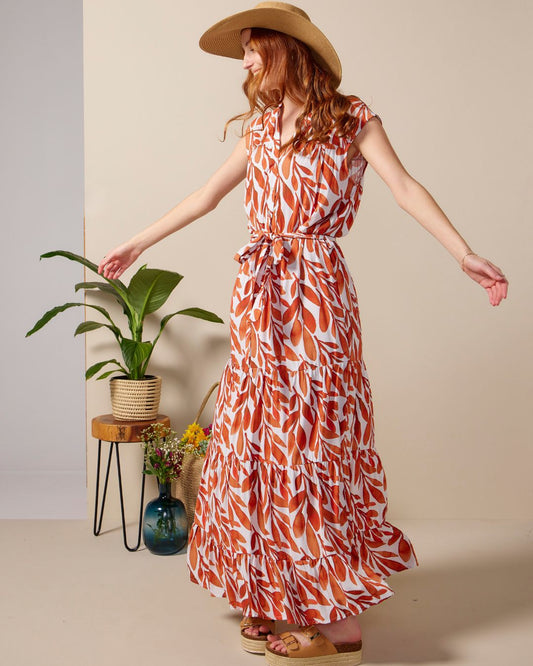 Coco - Foliage: Button-up classic tiered dress with detachable belt