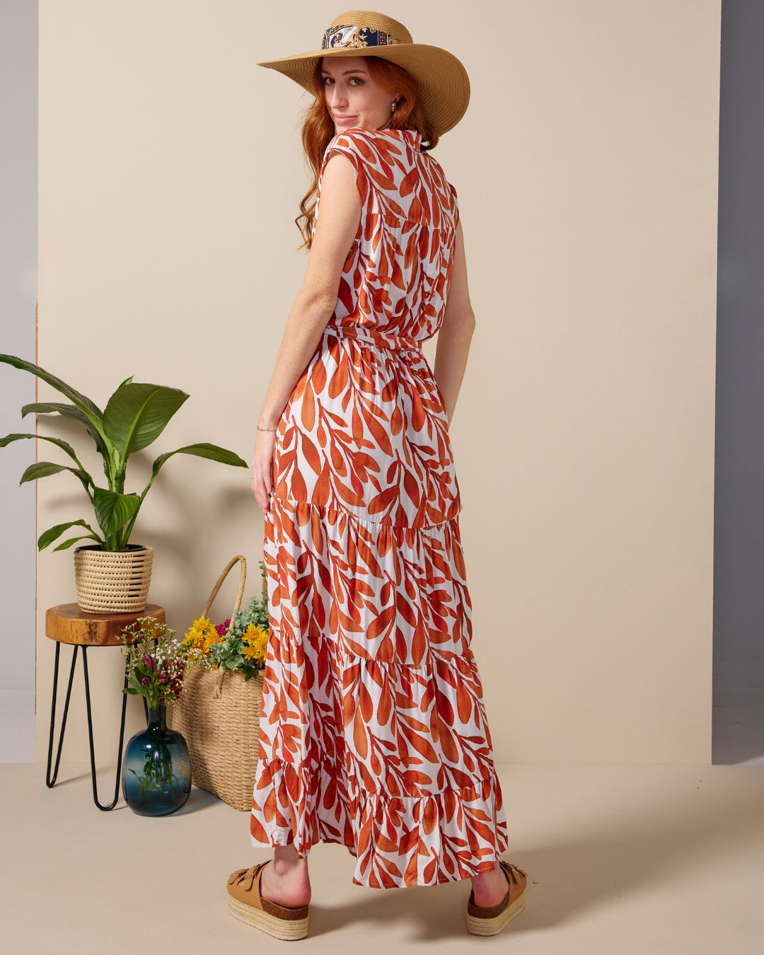 Coco - Foliage: Button-up classic tiered dress with detachable belt