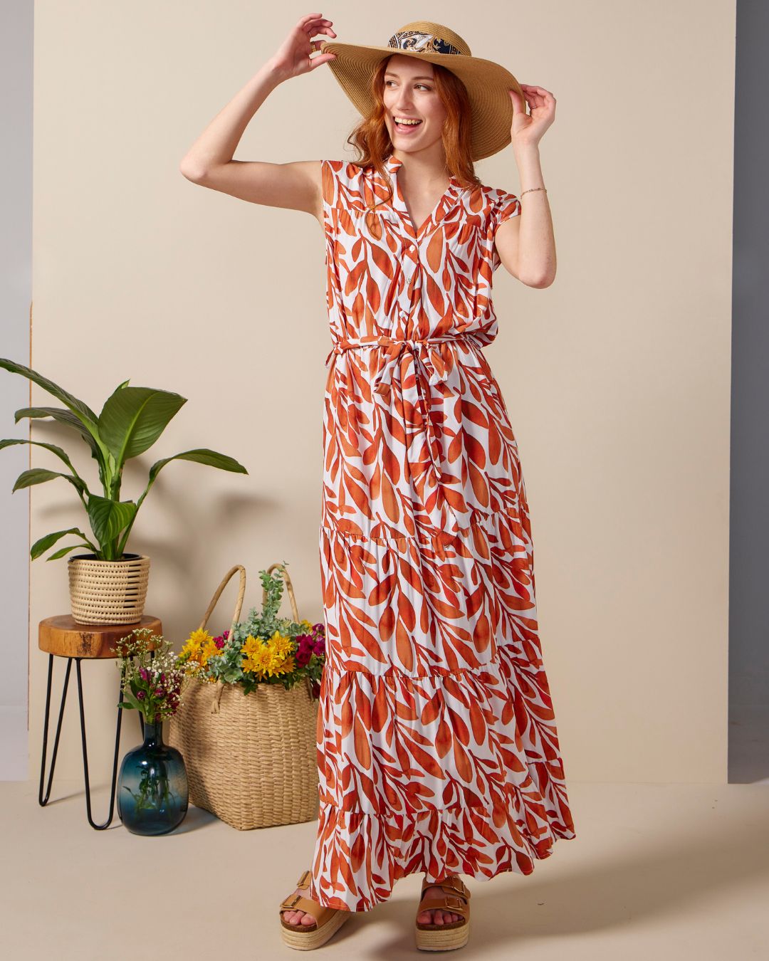 Coco - Foliage: Button-up classic tiered dress with detachable belt