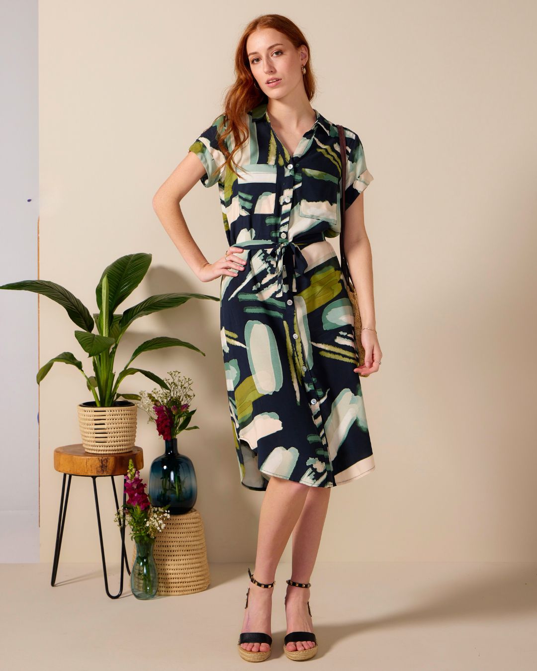 Venice - Tropic Thunder: Classic Midi Collared Shirt dress with Belt