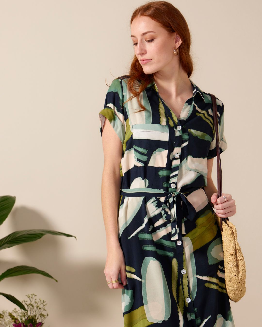 Venice - Tropic Thunder: Classic Midi Collared Shirt dress with Belt