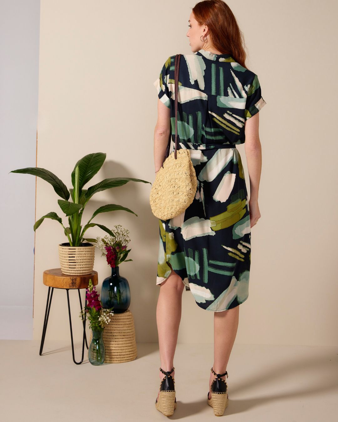 Venice - Tropic Thunder: Classic Midi Collared Shirt dress with Belt