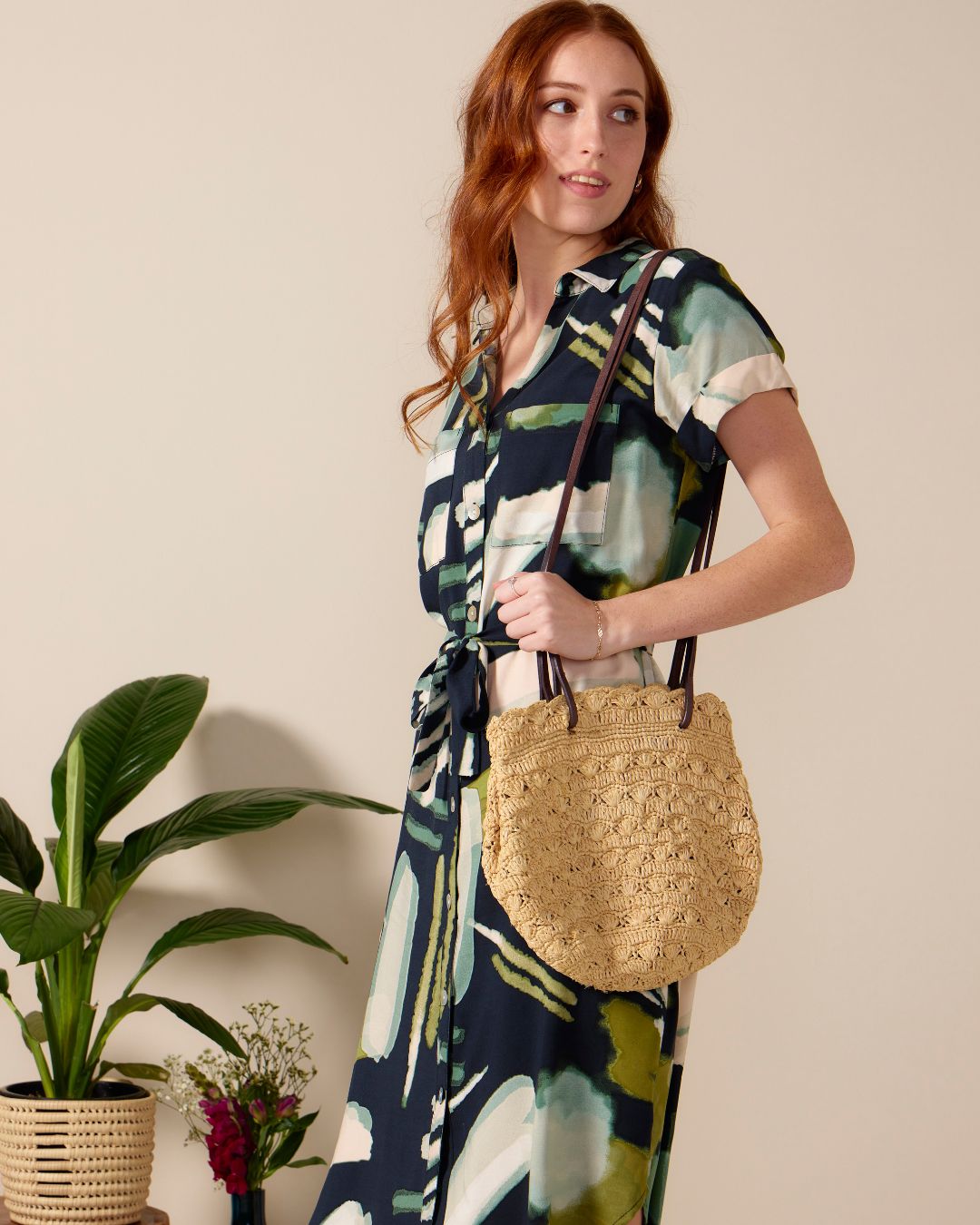 Venice - Tropic Thunder: Classic Midi Collared Shirt dress with Belt