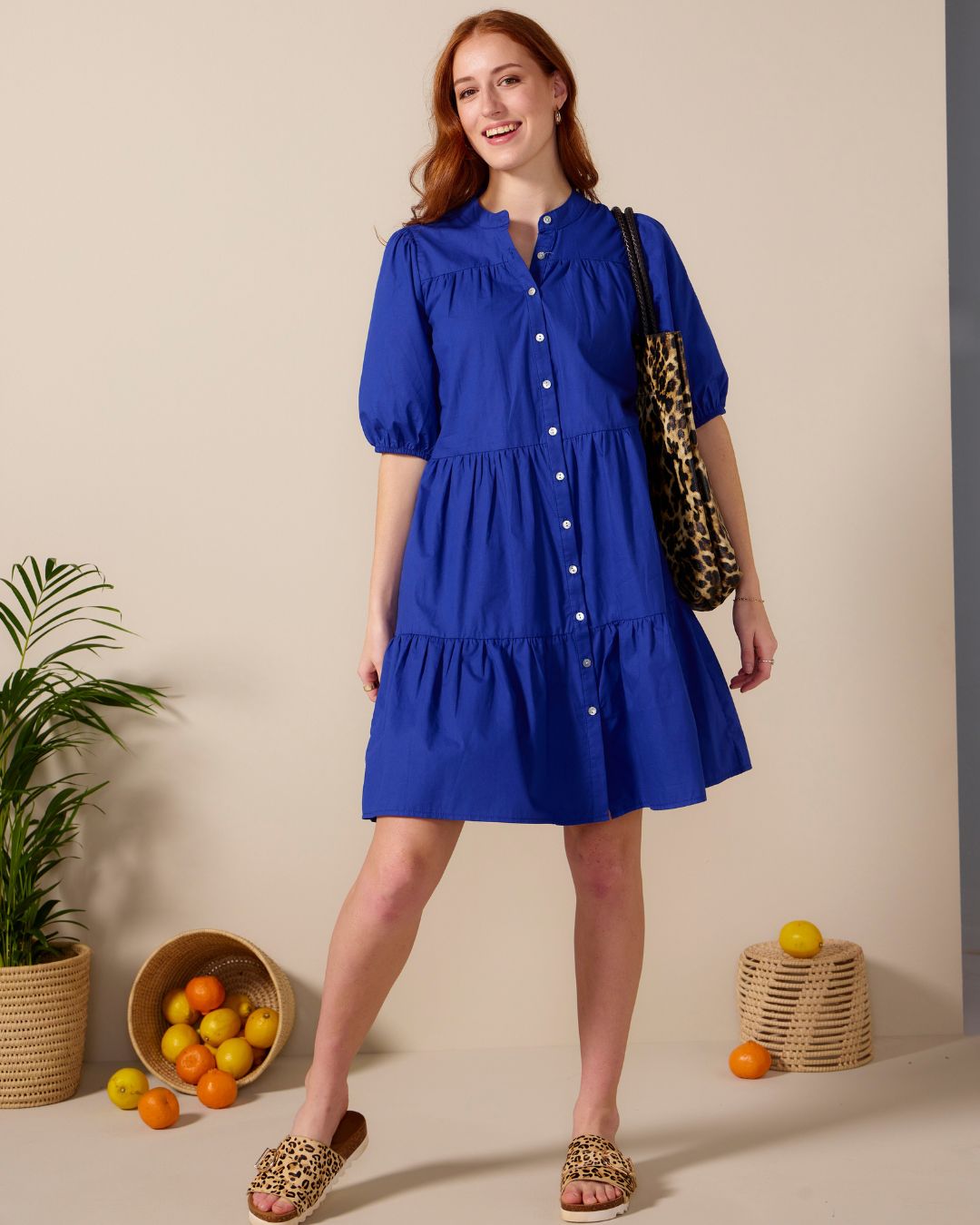 Julie - Royal Blue: Tiered Button-up Dress in Poplin