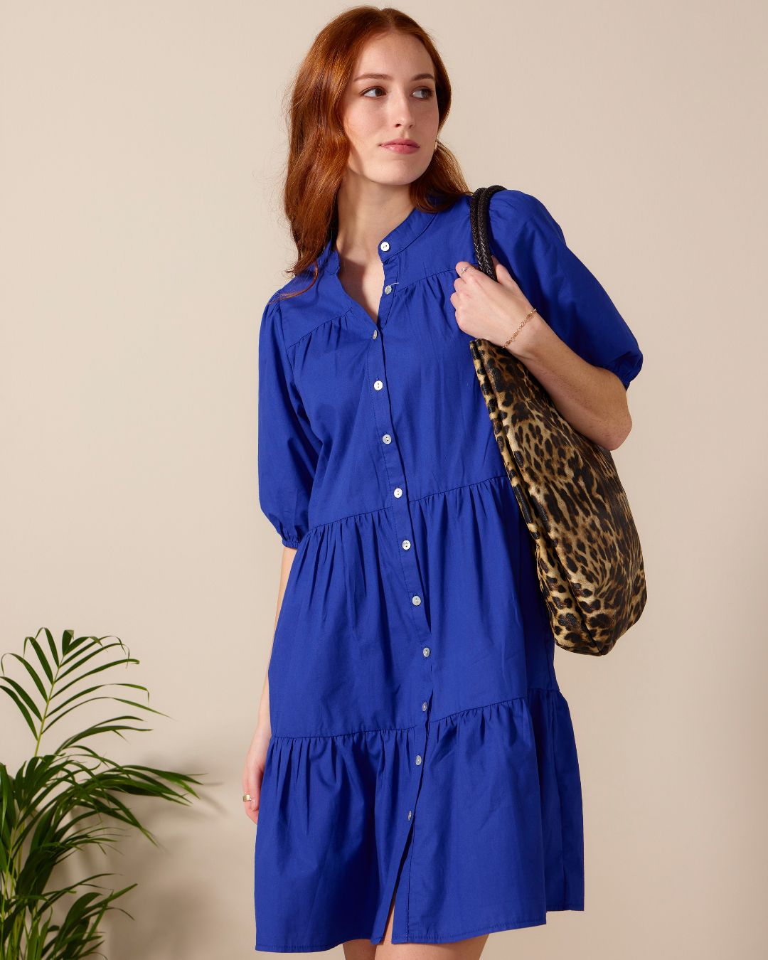 Julie - Royal Blue: Tiered Button-up Dress in Poplin