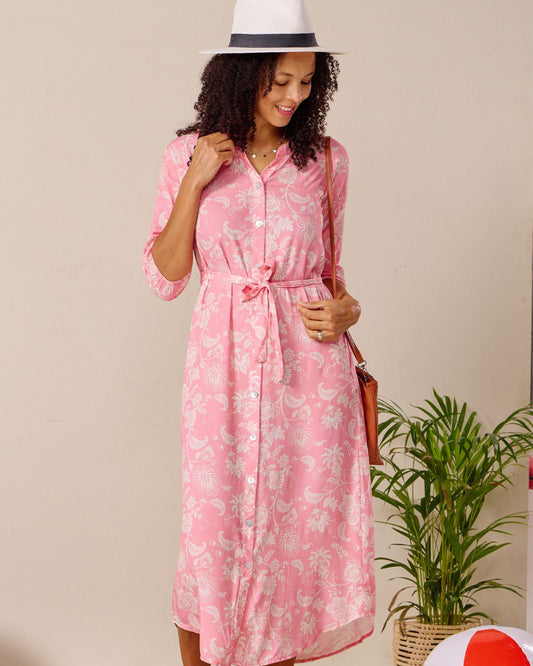 Beauty - Pink Havanna Paisley: Classic Shirt dress with 3/4 elasticated sleeves