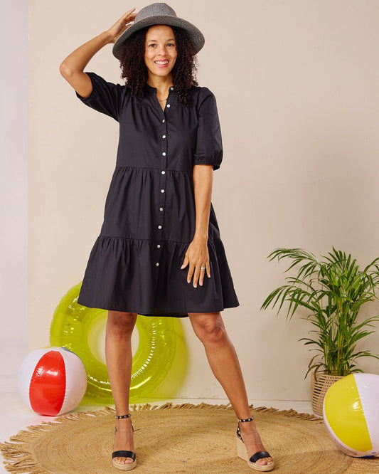 Julie - Plain Black: Tiered Button-up Dress in Poplin